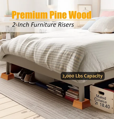 Vista 3 de Elevadores de muebles de madera de pino prémium de 2 pulgadas, resistentes, capacidad de 2000 libras, protectores de suelo, fáciles de instalar