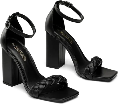 Vista 3 de DREAM PAIRS - Sandalias de tacón cuadrado para mujer, con tira trenzada de tobillo y punta abierta, zapatos de tacón alto para fiestas, bodas
