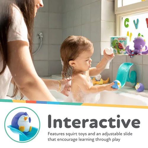 Vista 3 de Nuby Penguin Slide - Juego de juguetes de baño con 4 chorros de baño, juguetes de baño para bebés para niños y niñas de 12 meses en adelante