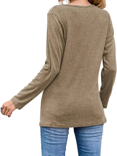 Vista 3 de Blusas casuales de manga larga para mujer, con cuello redondo, botones laterales, blusas.