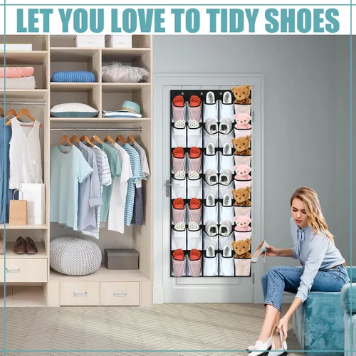 Vista 4 de Windyun 2 unidades de 70 organizadores de zapatos grandes para colgar sobre la puerta, para armario, bolsillos de malla negra, para volver a