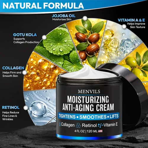 Vista 3 de Crema hidratante facial para hombre, antienvejecimiento y arrugas, para hombres con colágeno, retinol, vitaminas E, aceite de jojoba, loción facial