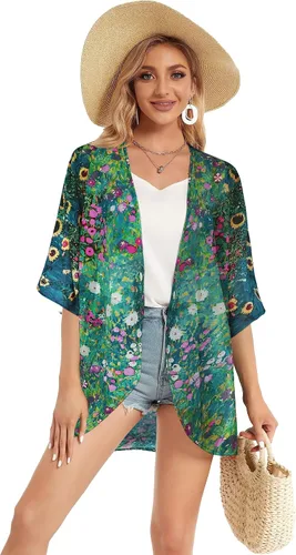 Vista 3 de Cárdigan tipo kimono para mujer, de manga abombada con estampado floral, casual