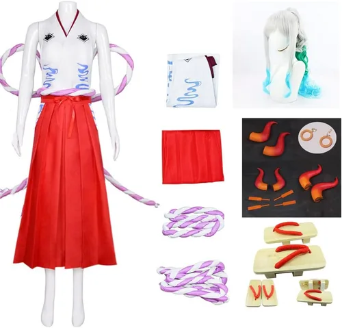 Vista 5 de Disfraz de cosplay de Yamato para mujer, falda kimono roja con traje de cuerno de buey