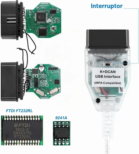 Vista 2 de LZLRUN K+CAN K+DCAN Herramienta de diagnóstico del coche OBD USB Interfaz con interruptor para BMW con FT232RL NCS Codificación Winkfp Tool32