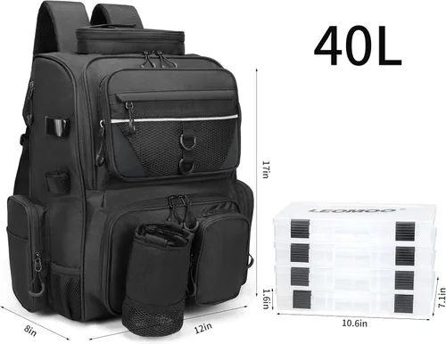 Vista 6 de Fishing Tackle Backpack With Rod Holders, Large 40L Fishing Backpack for Camping, Hiking