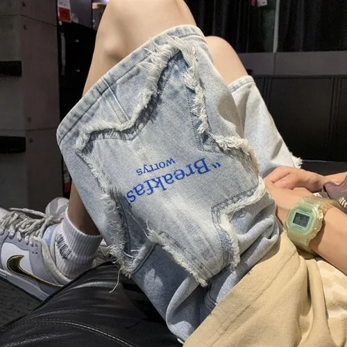 Vista 3 de Pantalones cortos de mezclilla de retazos de estrella para hombre, pantalones cortos de mezclilla Y2K de pierna ancha sueltos hip-hop