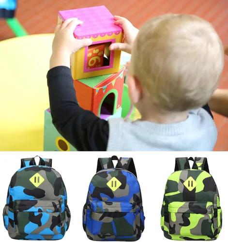 Vista 2 de Mochila de camuflaje para niños preescolares para jardín de infantes, bolsa de guardería, Camuflaje azul cielo, Mochilas de mochila