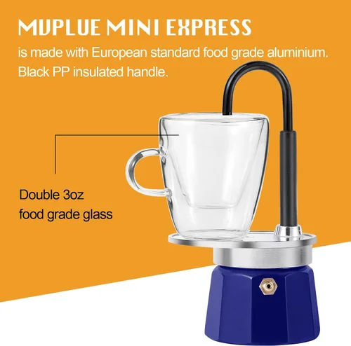 Vista 4 de Mini Express Swiss Single Tube Moka Pot Aluminio Azul, El juego de moka incluye una taza de doble pared de 3 onzas, disfruta de un delicioso café