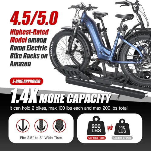 Vista 2 de CyberRack E2 - Portabicicletas eléctricas con rampa para 2 bicicletas, capacidad de 200 libras, soporte de plataforma plegable para automóviles