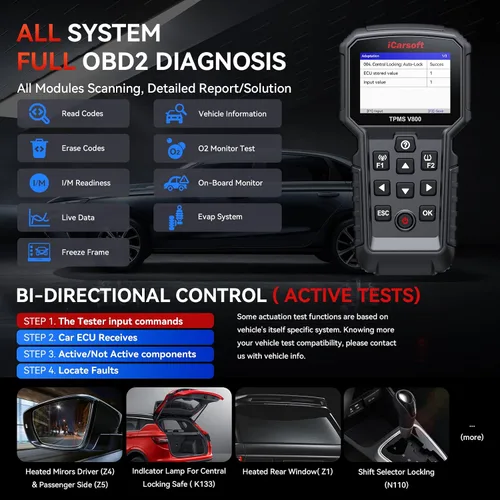Vista 5 de iCarsoft TPMS V800 Herramienta de programación y reaprendizaje TPMS con 4 sensores - Escáner de diagnóstico OBD2