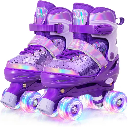 Vista 7 de Nattork Patines de ruedas para niños y niñas, 4 tamaños ajustables, patines cuádruples con lentejuelas y todas las ruedas iluminadas para niños