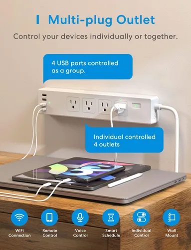 Vista 3 de Regleta inteligente Meross compatible con Apple HomeKit, Siri, Alexa, Google Home y SmartThings, protector contra sobretensiones WiFi con 4 tomas