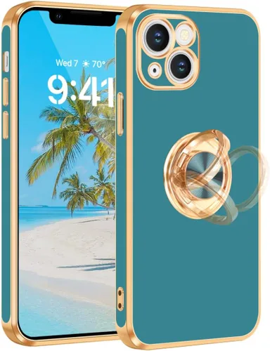 Vista 9 de Fingic - Funda para iPhone 13, soporte giratorio de 360°, soporte magnético Shiny Plating Gold Edge Slim Soft TPU Shockproof Protective Phone Case