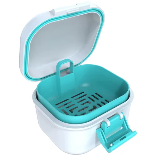 Vista 11 de ARGOMAX Taza de baño de prótesis a prueba de fugas, caja de dentadura portátil para remojo, caja de baño de dentadura con colador, para dentaduras