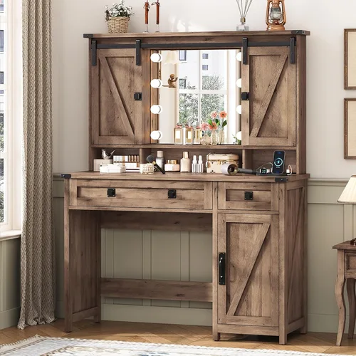 Vista 9 de MSmask Tocador estilo granja con espejo y luces, tocador de maquillaje de 41" con puerta corredera y estación de carga, mesa de tocador grande