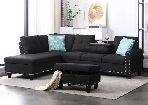 Vista 10 de EMKK Sofá modular de 3 piezas, juego de muebles de sala de estar, sofá esquinero tapizado de 5 plazas en forma de L, 1 diván gris oscuro