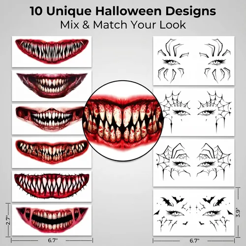 Vista 4 de 10 hojas de tatuajes temporales de telaraña para ojos y boca para cosplay