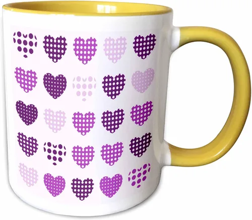 Vista 16 de 3dRose Taza de café, tamaño: 15 onzas, patrón de corazones de lunares morados y blancos en una fila, divertido regalo de taza de café