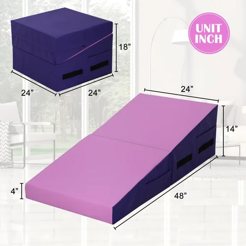 Vista 7 de Colchoneta de gimnasia de 48 x 24 pulgadas, plegable, inclinada, con superficie de PVC antideslizante y asas para niños, entrenamiento en casa