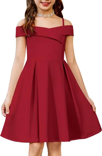 Vista 9 de Arshiner Vestido de verano para niñas con hombros descubiertos, plisado, formal, elegante Azul