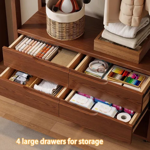 Vista 6 de Perchero de madera maciza, perchero móvil de 360°, perchero de gran capacidad con 4 cajones y un zapatero, perchero para entrada, dormitorio Natural