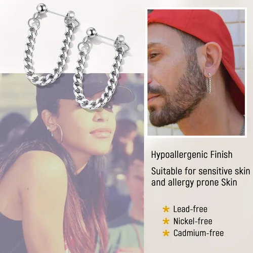 Vista 3 de Aretes colgantes de acero inoxidable para hombres y mujeres, chapados en oro de 18 quilates, aretes colgantes con bisagras, aretes de cadena larga