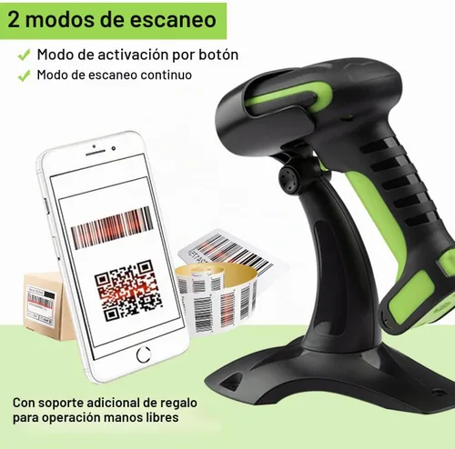 Vista 4 de Tera Escáner de código de barras inalámbrico con soporte: verde industrial 2D Pro Verde