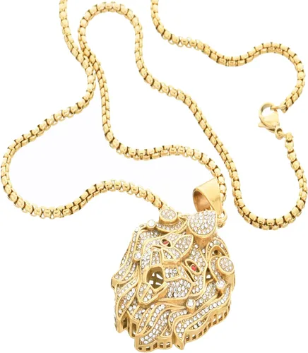 Vista 3 de Collar de cadena SCP para hombre con cabeza de león chapado en oro de acero inoxidable chapado en plata de 20 pulgadas