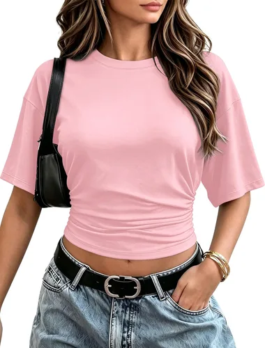 Vista 14 de Sampeel Camisetas cortas de verano 2026 a la moda, manga corta de murciélago, cintura fruncida, ajustadas, básicas, para salir, camisetas de moda
