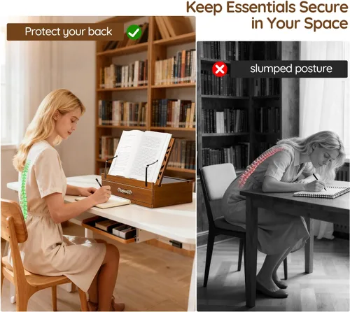 Vista 4 de Soporte de madera ajustable para libros con almacenamiento, soporte multifuncional para libros, tabletas y recetas con ranura para tazas, ranura
