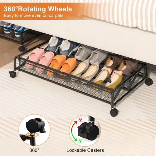 Vista 4 de Organizador de almacenamiento de zapatos debajo de la cama, contenedores de almacenamiento rodantes con ruedas, organizador de zapatos debajo