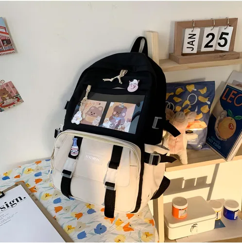 Vista 3 de Kawaii - Mochila estética para laptop, bolsa escolar de gran capacidad, bonita mochila de 17 pulgadas para niñas con insignia y colgante, Negro