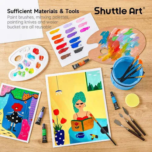 Vista 5 de Shuttle Art - Juego de 66 pinturas acrílicas, juego de pintura acrílica de 30 colores, caballete de madera, lienzo de pintura, pinceles de pintura