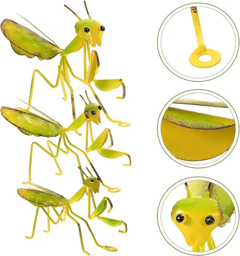 Vista 3 de Estatua de pared de mantis rezante de metal: 3 piezas de mantis de metal para jardín, patio, decoración de arte, figura de animal de insecto