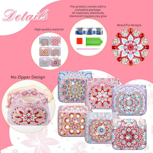 Vista 4 de Sanwuta Mandala DIY pintura diamante monedero titular bolsas de maquillaje a granel cosméticos cartera diamante pintura kits bolsillo