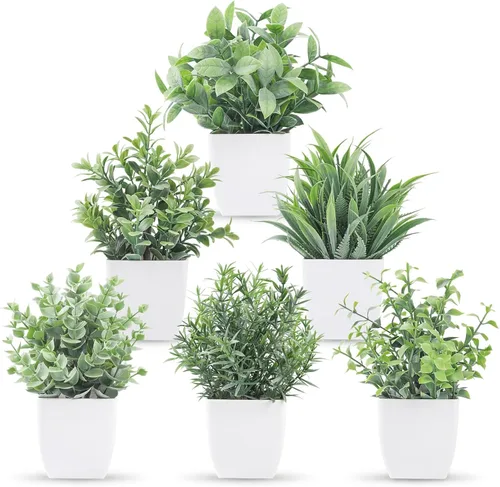 Vista 7 de Der Rose Paquete de 6 plantas artificiales pequeñas en macetas para el hogar, dormitorio, sala de estar, decoración interior (verde) Green