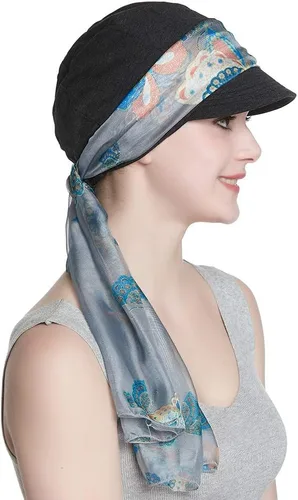 Vista 7 de Alnorm Juego de gorro y pañuelo de algodón transpirable para quimioterapia para mujeres Negro Rosado