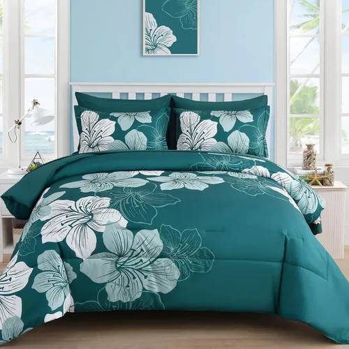 Vista 30 de Luxudecor Juego de edredón floral tamaño individual, 6 piezas de cama en una bolsa, edredón floral azul y juego de sábanas, juego de ropa de cama