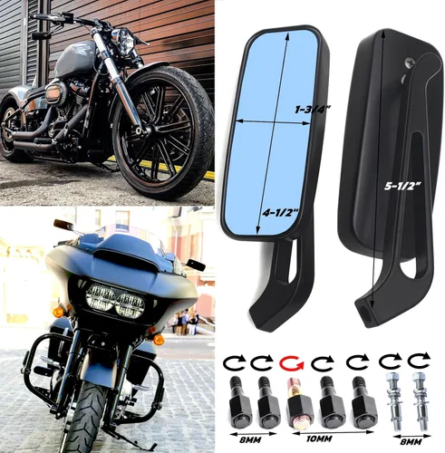 Vista 2 de Espejos retrovisores de manillar rectangular de 8 mm/10 mm en color negro para motocicletas, compatibles con Harley Street Glide, Road King