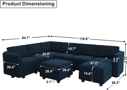 Vista 2 de Belffin - Sofá modular de terciopelo con asiento de almacenamiento, sofá en forma de U de gran tamaño con diván reversible, con otomana, color azul