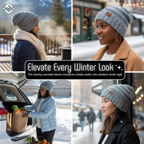 Vista 105 de Funky Junque Gorro de moda de punto trenzado de talla extragrande, grueso, abrigado, suave y holgado