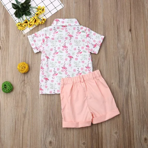 Vista 93 de Conjunto de camisa de manga corta con botones y pantalones cortos casuales con diseño de flamingo, para bebés y niños de 1 a 6 años, atuendos