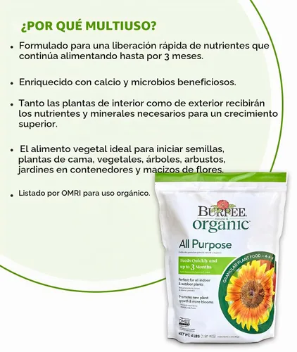 Vista 3 de Burpee Alimento Orgánico Granular de Propósito Natural de 4 Libras para Cultivar Plantas Fuertes Bueno para Huerto de Vegetales, Jardín de Flores