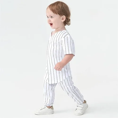 Vista 3 de Kids White Stripe Baseball Sets Baby Boys Casual Sports Top Short Sleeve Jersey and Pants Girls Summer Outfits