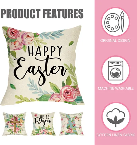 Vista 3 de Fahrendom Happy Easter Bunny - Juego de 4 fundas de almohada decorativas cristianas de 16 x 16 pulgadas, diseño de conejo religioso, cruz religiosa