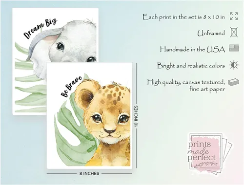Vista 3 de Láminas de arte de pared de animales de safari para bebés - Decoración de guardería - Juego de 6-8x10 - Imágenes de habitación de guardería