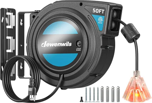 Vista 12 de DEWENWILS Carrete de cable de extensión retráctil de 50 pies con 6 tomas con conexión a tierra, cable de alimentación SJTOW resistente 14/3C