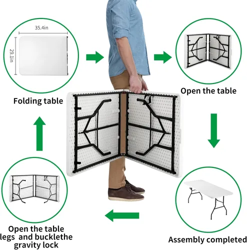 Vista 4 de Mesa plegable portátil de plástico de 6 pies y 71 pulgadas, parte superior resistente con asa de transporte, interior y exterior, patio, camping