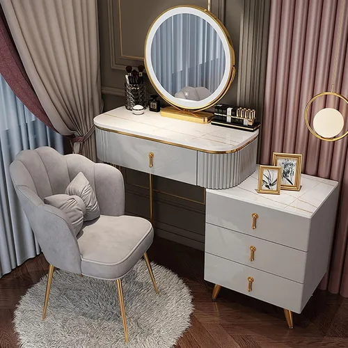 Vista 9 de Juego de tocador grande con luces LED, mesa de tocador de maquillaje con gabinete ajustable y taburete acolchado, 3 modos de iluminación, tocador